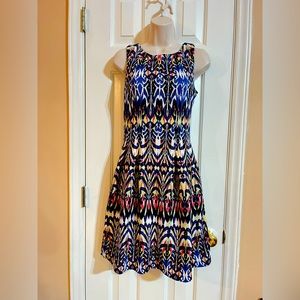 Gabby Skye Women's Size 6 Blue-Pink-White Geometric Sleeveless Flare Dress